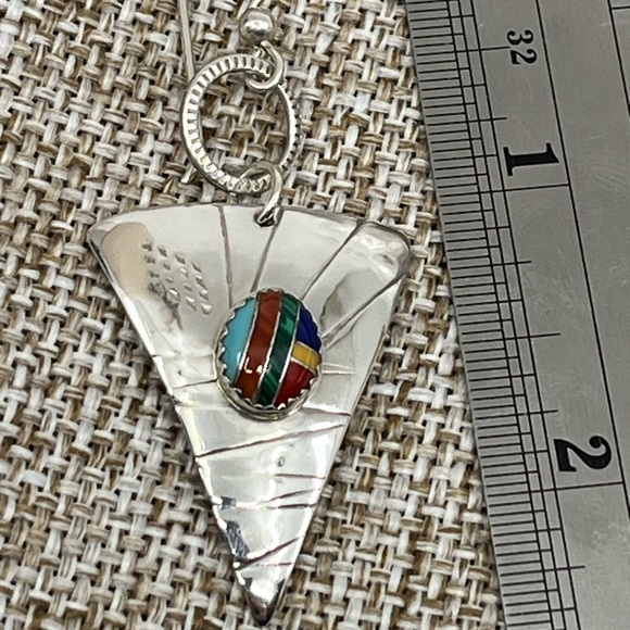 90's Handmade Sterling Silver Sail-Inspired Earrings with Multicolored Inlay - Picture 17 of 17